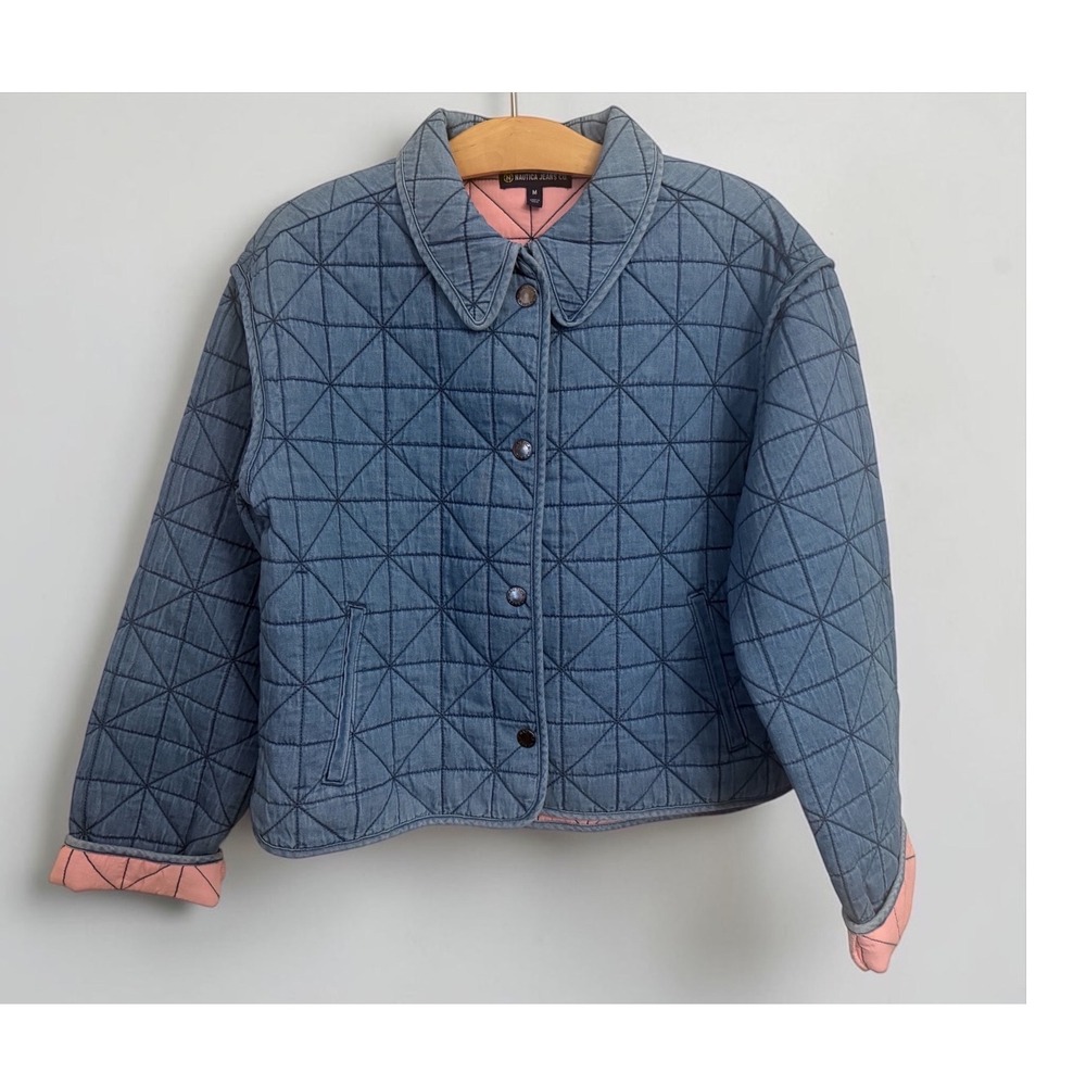 Nautica Jeans Co Womens Quilted Denim Jacket Blue Geometric Starburst M Medium